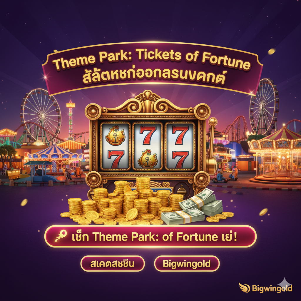 ภาพสรุปและคำเชิญชวนสุดท้าย ใช้ฉากหลังเป็นสวนสนุกยามค่ำคืนที่มีแสงไฟสวยงาม (Night View Theme Park) พร้อมข้อความสรุปขนาดใหญ่ว่า 'Theme Park: Tickets of Fortune สล็อตแห่งโอกาสและกำไร' มีภาพเหรียญทองหรือกองเงินวางอยู่ด้านหน้าวงล้อสล็อตเพื่อสื่อถึงเงินรางวัล เน้นปุ่ม '🚀 เล่น Theme Park: Tickets of Fortune เลย!' หรือ 'สมัครสมาชิก Bigwingold' (ในรูปแบบของป้ายแบนเนอร์ในภาพ) เพื่อกระตุ้นให้เกิดการคลิกและปิดท้ายด้วยโลโก้ Bigwingold ที่ชัดเจน
