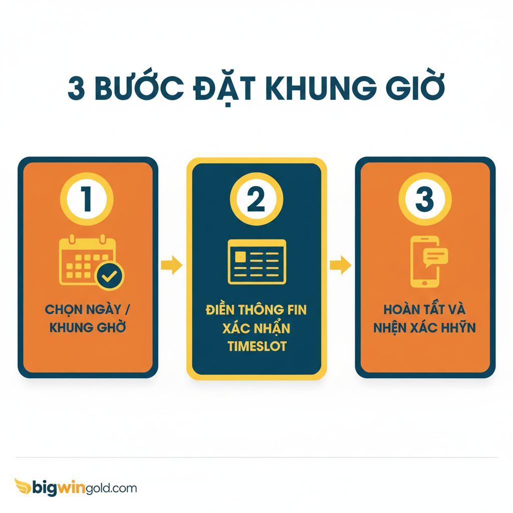 Sơ đồ hướng dẫn gồm ba bước, tương ứng với "3 Bước Đặt Khung Giờ" trong bài viết. Sử dụng các biểu tượng và số (1, 2, 3) đơn giản để thể hiện quy trình. Bước 1: Biểu tượng lịch (Chọn Ngày/Khung Giờ). Bước 2: Biểu tượng biểu mẫu/mẫu (Điền Thông Tin/Xác Nhận). Bước 3: Biểu tượng phong bì thư hoặc thông báo điện thoại (Hoàn Tất và Nhận Xác Nhận). Thiết kế phẳng, với các đường nét rõ ràng và sử dụng màu sắc thương hiệu (ví dụ: vàng/cam và xanh đậm) làm màu nhấn, hướng dẫn người dùng di chuyển thị giác theo quy trình từ trái sang phải hoặc từ trên xuống dưới.