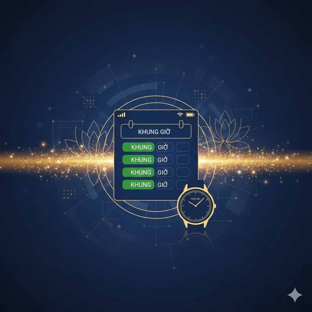 Một ảnh chụp màn hình hoặc hình ảnh mô phỏng giao diện trang web rõ ràng, tập trung vào tính năng "chọn dịch vụ và kiểm tra lịch" của bigwingold.com. Hình ảnh chính là một chế độ xem lịch tháng rõ ràng. Các ô ngày trên lịch hiển thị danh sách các “time slot” có sẵn (ví dụ: 9:00 AM, 11:30 AM, 2:00 PM) và được làm nổi bật bằng màu xanh lá cây rực rỡ để chỉ ra các “Khung Giờ Rảnh”. Một con trỏ chuột nhỏ được đặt bên cạnh đang nhấp vào một trong các khoảng thời gian này. Bố cục màu sắc chuyên nghiệp, chú trọng đến trải nghiệm hình ảnh trực quan của người dùng (UX/UI).