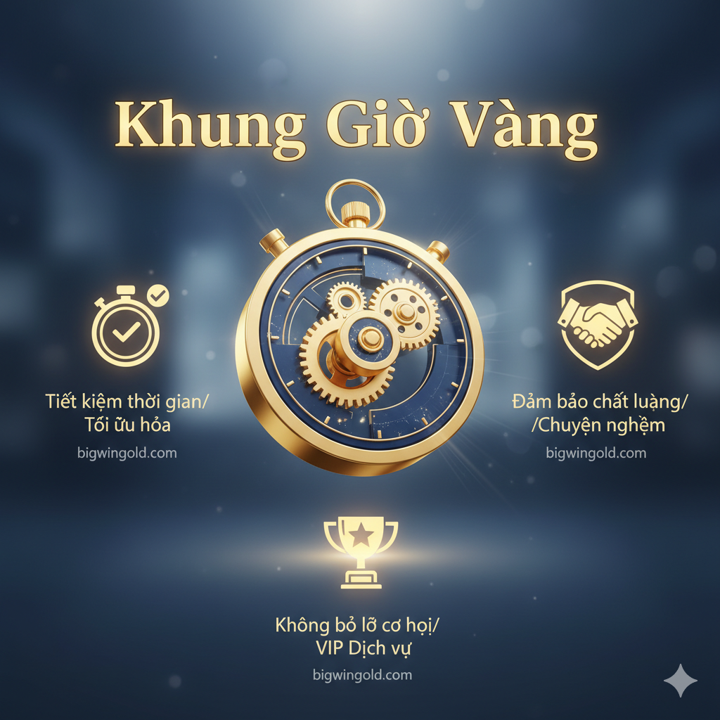 Hình ảnh trừu tượng của một đồng hồ cơ hoặc bánh răng chính xác, biểu tượng cho việc quản lý thời gian và độ chính xác. Xung quanh là ba biểu tượng nhỏ hơn: một bộ hẹn giờ có dấu kiểm (Tiết kiệm thời gian/Tối ưu hóa), một biểu tượng bắt tay (Đảm bảo chất lượng/Chuyên nghiệp), và một biểu tượng cúp/ngôi sao (Không bỏ lỡ cơ hội/Dịch vụ VIP). Phong cách nên là kinh doanh, cao cấp, sử dụng hiệu ứng bóng và ánh sáng nhẹ nhàng, nhấn mạnh trải nghiệm VIP và tính chuyên nghiệp mà “Khung Giờ Vàng” mang lại.