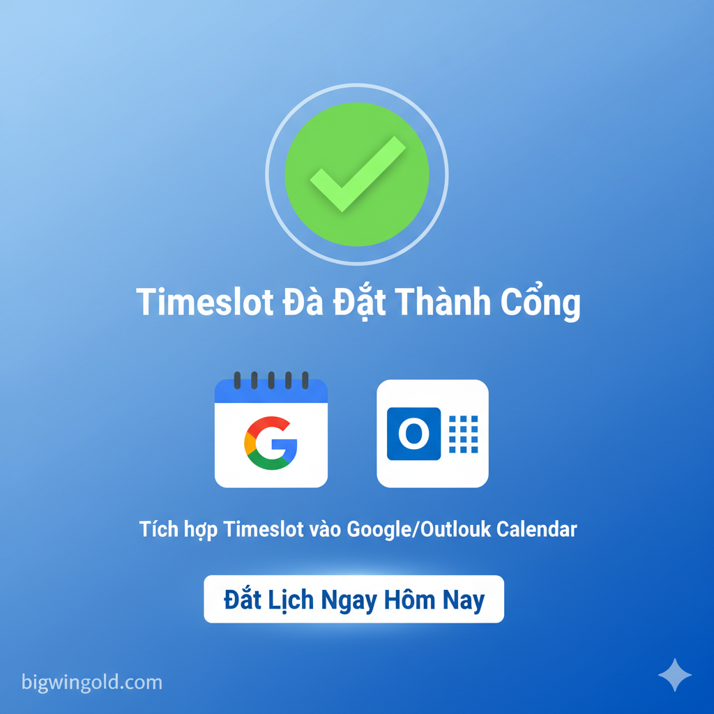 Hình ảnh tập trung vào giá trị cuối cùng và chức năng tích hợp. Yếu tố chính là một dấu xác nhận lớn “Done” hoặc “Success” đi kèm dòng chữ “Timeslot Đã Đặt Thành Công”. Phía dưới là hai biểu tượng nhỏ song song: một biểu tượng Google Calendar và một biểu tượng Outlook Calendar, tượng trưng cho “Tích hợp Timeslot vào Google/Outlook Calendar”. Hình nền tổng thể có thiết kế màu xanh lam dịu hoặc chuyển màu, truyền tải cảm giác an tâm và kết thúc chuyên nghiệp, khuyến khích người dùng hành động “Đặt Lịch Ngay Hôm Nay”.