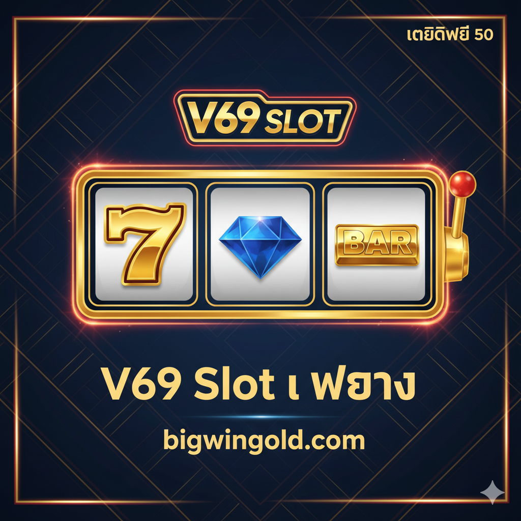ภาพหน้าปกสไตล์ Thai Casino/Gambling Modern Design โทนสีหลักคือสีทองหรูหราตัดกับสีดำหรือน้ำเงินเข้ม แสดงภาพสัญลักษณ์สล็อตแมชชีนขนาดใหญ่ (เช่น เลข 7, เพชร, บาร์) ที่มีโลโก้ 'V69 Slot' หรือ 'V69SLOT' อยู่ตรงกลาง เน้นคำว่า 'V69 Slot เว็บตรง' และ 'bigwingold.com' อย่างชัดเจนในฟอนต์ภาษาไทยที่ดูทรงพลัง มีแสงไฟนีออนสีทองหรือสีแดงรายล้อมเพื่อดึงดูดความสนใจ และมีข้อความเล็กๆ ว่า 'เครดิตฟรี 50' อยู่ในมุมที่สะดุดตา