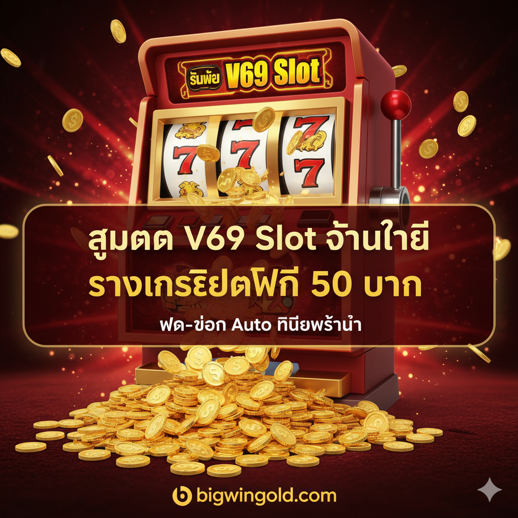 ภาพสรุปที่ทำหน้าที่เป็น Call to Action (CTA) หรือบทสรุปสุดท้าย โดยแสดงภาพสล็อตแมชชีนกำลังจ่ายเงินรางวัลจำนวนมาก (เหรียญทองหล่นลงมา) พร้อมข้อความหลักขนาดใหญ่ในภาษาไทยว่า 'สมัคร V69 Slot วันนี้' และ 'รับเครดิตฟรี 50 บาท' เน้นย้ำข้อความสั้นๆ ที่เป็นประโยชน์ เช่น 'ฝาก-ถอน Auto ไม่มีขั้นต่ำ' และมีโลโก้ bigwingold.com อยู่ด้านล่าง ภาพควรมีพลังและชวนให้เกิดการคลิก โดยใช้สีแดง, ทอง, และดำ เพื่อสื่อถึงโอกาสและผลตอบแทนที่สูง