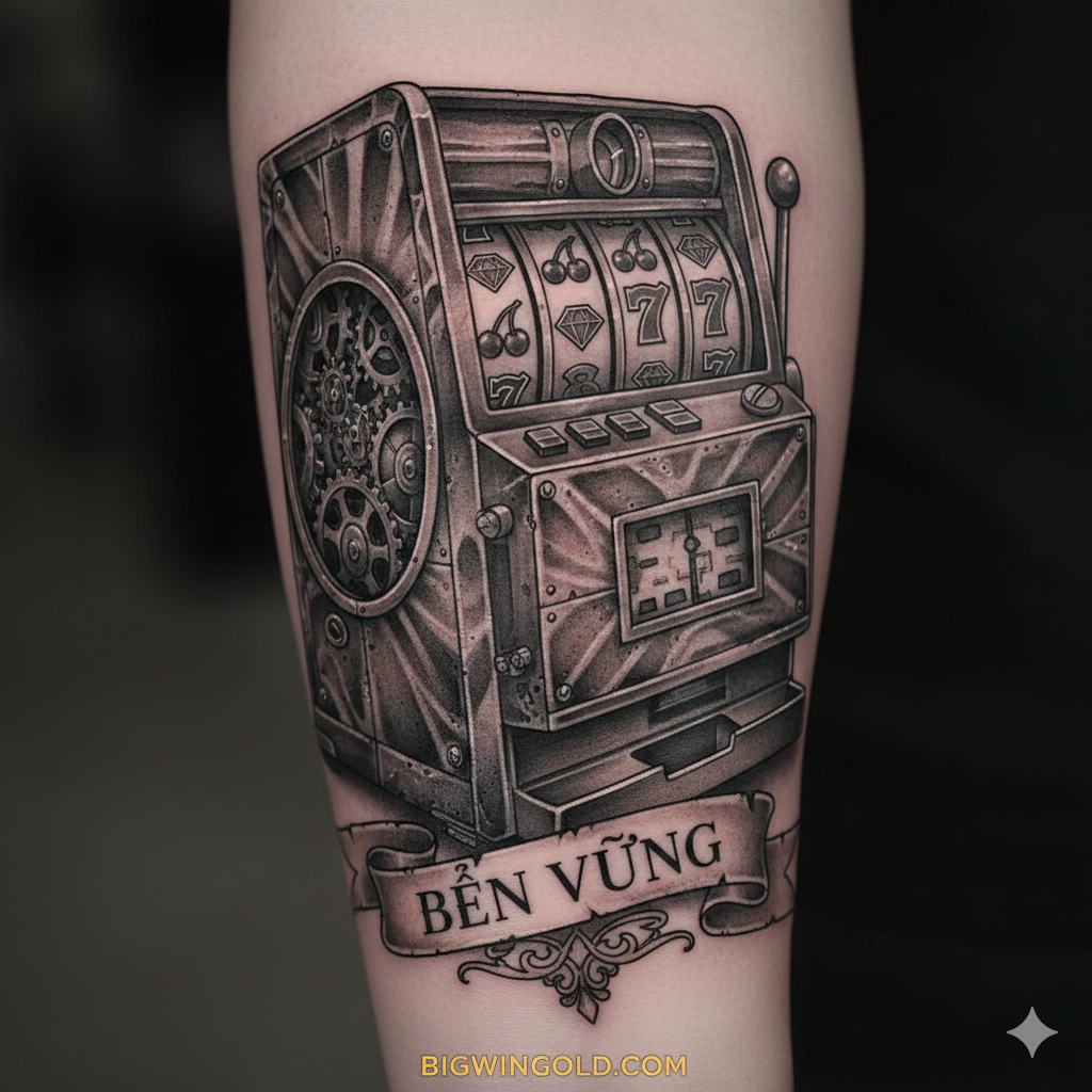 A striking, highly detailed 'Old School/Traditional' style tattoo of a vintage slot machine, prominently featuring three '777's (Jackpot) on the reels. The machine is drawn with thick, bold black lines and vibrantly colored with a classic palette: Ruby Red for the machine casing, Mustard Yellow for the metallic accents, and rich Emerald Green for background elements or a banner. A golden lever (arm) is visible, and shiny gold coins are cascading out of the coin tray at the bottom. The overall composition is dynamic, emphasizing luck and the thrill of winning, perfect for the article's introduction.