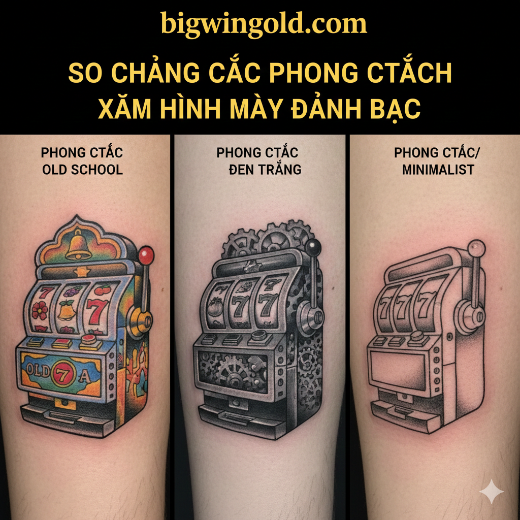 A comparative image showing three distinct tattoo styles side-by-side on a skin-like background, referencing Section III. Left: A vibrant, full-color 'Old School' slot machine tattoo with bold outlines. Middle: A detailed 'Black and Gray' slot machine focusing on the mechanical gears and shading for depth. Right: A 'Small/Minimalist' design, perhaps just the handle and a single '7' on a tiny reel. The composition clearly demonstrates the different artistic approaches, providing a visual 'tutorial' for choosing a style.