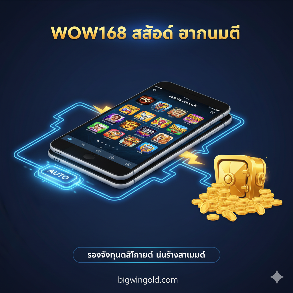 แสดง“WOW168 SLOT AUTO”ของฟังก์ชันที่รวดเร็วและสะดวกสบาย ภาพตรงกลางคือการซ้อนกันของมือถือและแท็บเล็ต หน้าจอแสดงไอคอนเกมยอดนิยมเช่น “PG Slot” และ “Joker Gaming” เส้นสายที่ลื่นไหลและเหมือนสายฟ้าเชื่อมต่อกับปุ่มที่มีคำว่า “AUTO” และไอคอนห้องนิรภัยหรือกองเหรียญทอง ซึ่งเป็นสัญลักษณ์ของการฝากและถอนเงินอัตโนมัติ รวดเร็ว และปลอดภัย โทนสีหลักเป็นสีน้ำเงินเทคโนโลยีและสีทองที่สะดุดตา เน้นย้ำถึงข้อได้เปรียบทางเทคนิคของ “ความเข้ากันได้ข้ามแพลตฟอร์ม ไม่ต้องดาวน์โหลด”