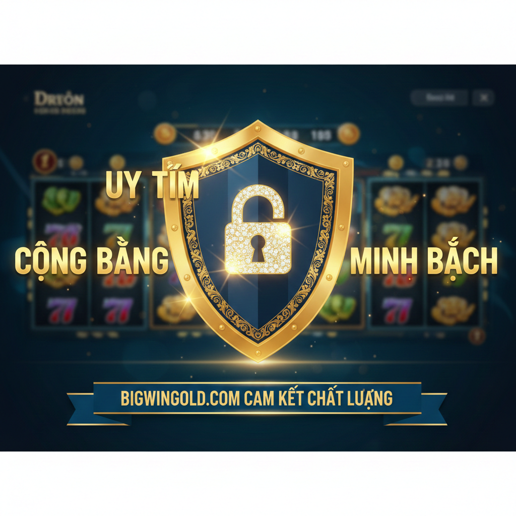 Hình ảnh kết luận, truyền tải thông điệp 'UY TÍN & MINH BẠCH' của YGR Slot. Ảnh có phong cách chuyên nghiệp, với biểu tượng một chiếc khiên (shield) hoặc ổ khóa (lock) lớn, thể hiện sự an toàn và bảo mật. Phông nền có thể là giao diện game mờ ảo, nhưng ở tiền cảnh là 3 chữ lớn 'UY TÍN', 'CÔNG BẰNG', 'MINH BẠCH' bằng chữ Vàng. Sử dụng hiệu ứng ánh sáng lấp lánh xung quanh chiếc khiên. Thiết kế tổng thể phải truyền đạt sự tin cậy cao, giải đáp thắc mắc 'YGR slot có lừa đảo không' bằng hình ảnh cam kết chất lượng của Bigwingold.