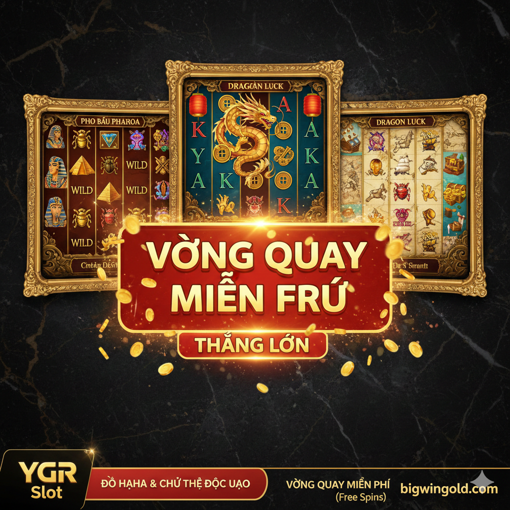 Hình ảnh minh họa cho các tính năng nổi bật của YGR Slot, tập trung vào chủ đề 'Đồ Họa & Chủ Đề Độc Đáo' và 'Vòng Quay Miễn Phí (Free Spins)'. Ảnh nên là một collage (ghép ảnh) tinh tế của 3-4 màn hình trò chơi YGR nổi bật như 'Pharaoh's Treasure' (chủ đề Ai Cập) và 'Dragon's Luck' (chủ đề Á Đông), đặt trong các khung viền vàng sang trọng. Hiển thị rõ ràng các biểu tượng Wild và Scatter đặc trưng, cùng với một ô thông báo lớn nổi bật chữ 'FREE SPINS' hoặc 'BIG WIN' với phông nền rực rỡ, sử dụng tông màu ấm như đỏ, cam, vàng để tăng tính kích thích.