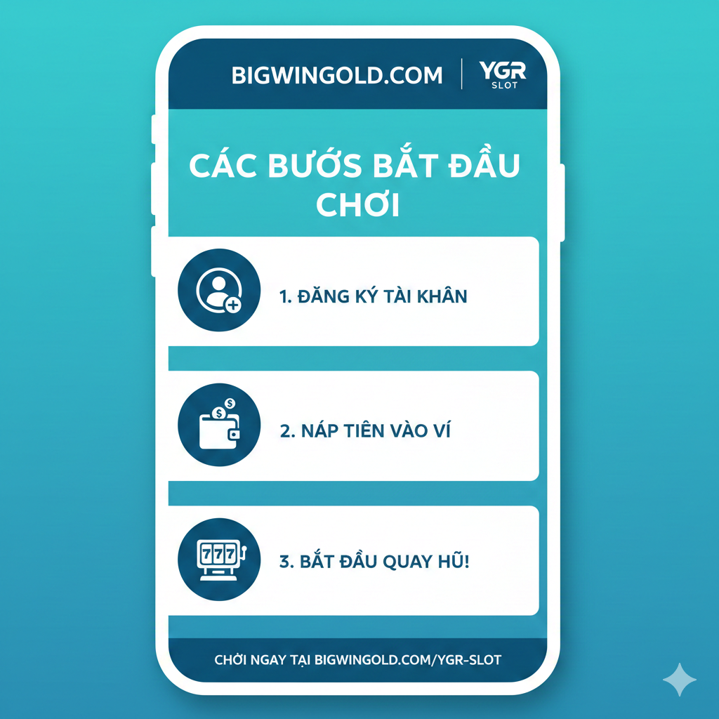 Hình ảnh hướng dẫn 'Đăng Ký và Bắt Đầu Chơi' tại Bigwingold cho YGR Slot. Bố cục trực quan, mô phỏng giao diện màn hình điện thoại hoặc máy tính bảng (phong cách tối giản, hiện đại). Ảnh chia làm 3 bước đơn giản theo chiều dọc hoặc ngang, mỗi bước có một icon minh họa: 1. Đăng ký (biểu tượng người dùng/sign up), 2. Nạp tiền (biểu tượng tiền tệ/ví điện tử), 3. Bắt đầu chơi (biểu tượng máy slot). Sử dụng màu xanh dương và trắng (màu sắc phổ biến của các giao diện hướng dẫn) để tạo cảm giác rõ ràng, tin cậy và dễ thực hiện.
