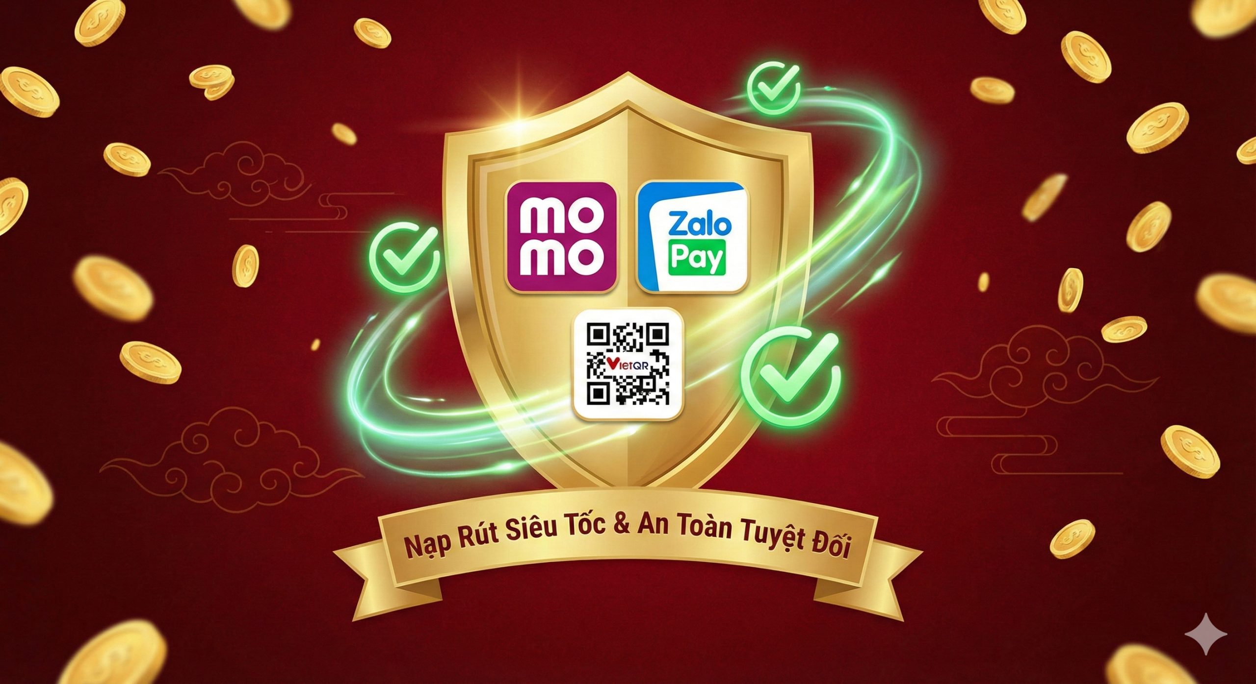 Minh họa ưu điểm thanh toán địa phương tại BigWinGold. Hình ảnh trung tâm là một chiếc khiên vàng tượng trưng cho bảo mật, bên trên có các biểu tượng Momo, ZaloPay và QR Code, xung quanh là các dấu check màu xanh, đại diện cho tốc độ nạp rút nhanh chóng và an toàn.