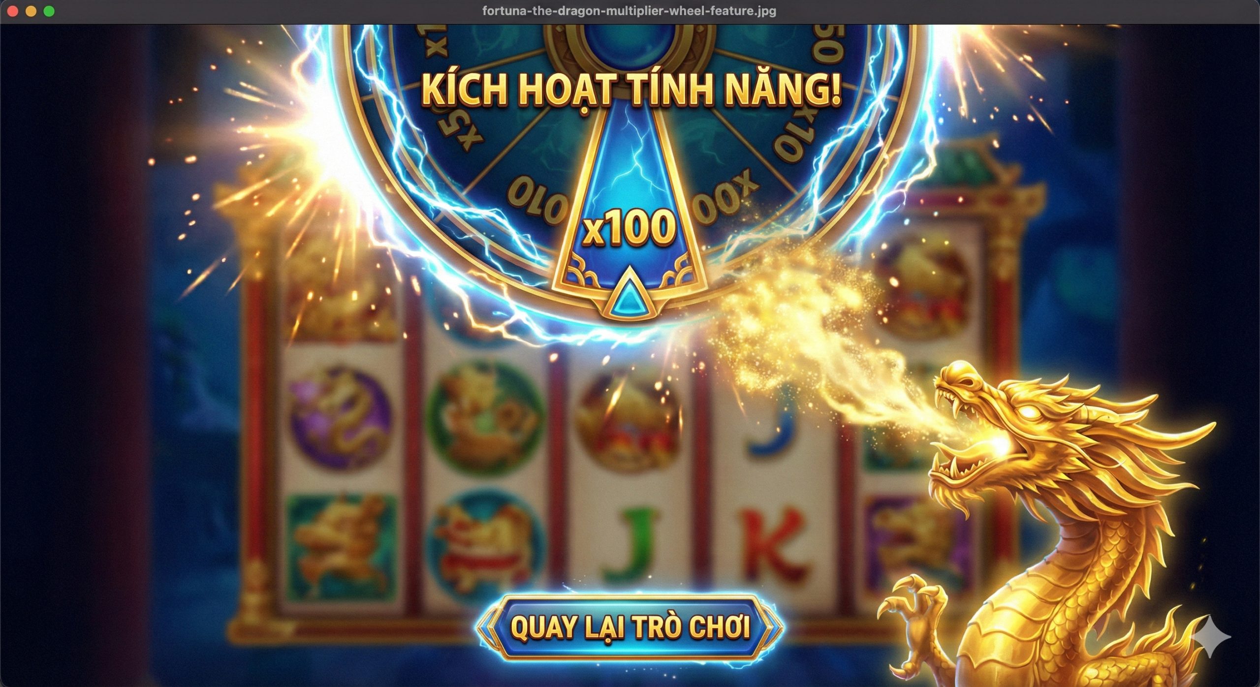 Tập trung vào tính năng độc quyền 'Vòng quay nhân thưởng' của Fortune Dragon. Hình ảnh mô tả một đĩa quay tròn lớn phía trên cuộn quay chính, với các chỉ số nhân thưởng (x2, x5, x10) nổi bật, cho thấy sự kích hoạt thưởng sắp diễn ra.