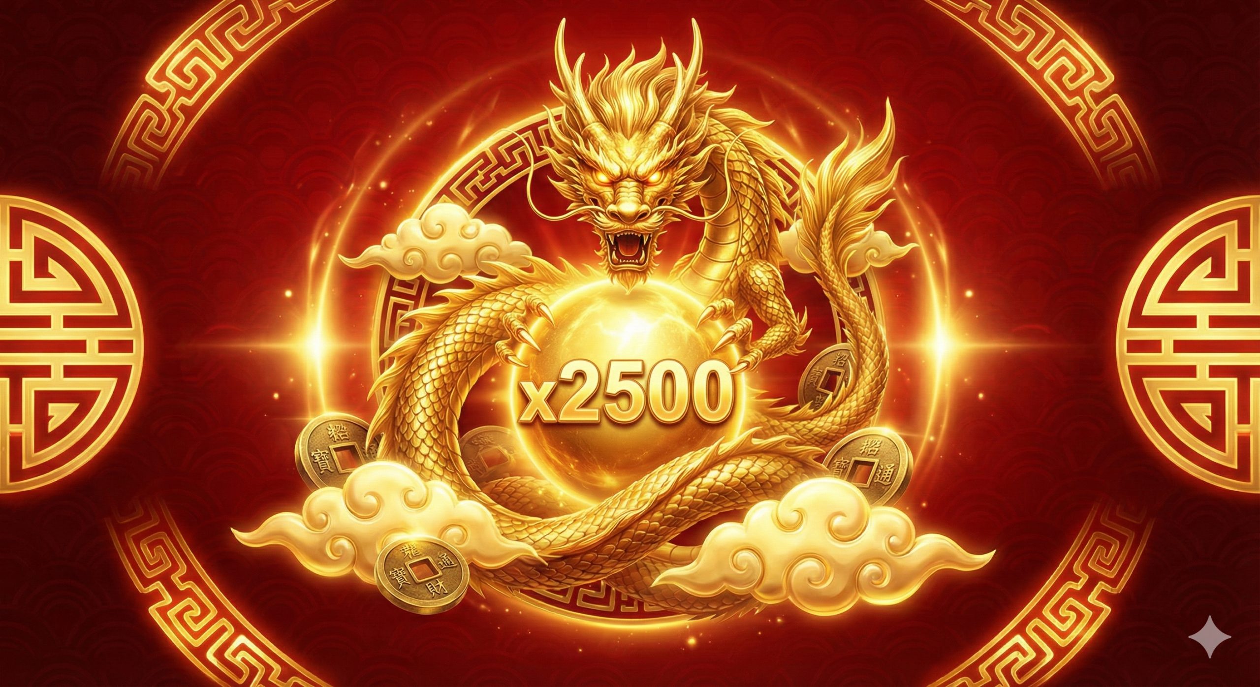 一张极具视觉冲击力的封面图,展示PG Soft的Fortune Dragon(Fortuna The Dragon)游戏核心形象。画面中央是一条威 nghiêm mà祥和的金色3D神龙,盘绕在红色的背景中,周围漂浮着发光的金色云朵和古代铜钱。神龙的眼睛炯炯有 thần,爪子抓着一个巨大的发光球体,球体上隐约显示'x2500'的字样,象征最高倍率。整体色 điệu là喜庆的中国红与奢华的黄金色,背景融入BigWinGold的品牌金色光晕,营造出高端、幸运的赌场氛围。