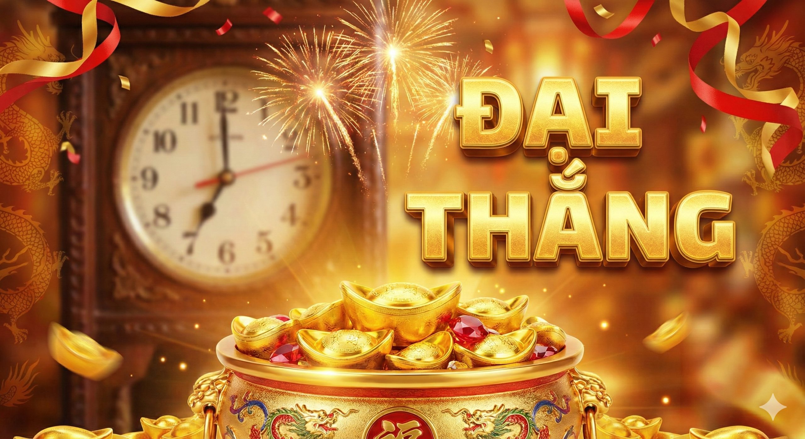 Một hình ảnh mang tính tổng kết và chúc mừng. Trung tâm là một chiếc hũ đầy vàng và tiền, với ánh sáng rực rỡ và hiệu ứng pháo hoa, tượng trưng cho một Jackpot vừa nổ. Hình ảnh cũng ngụ ý về sự may mắn và tài lộc khi chơi game này tại BigWinGold.