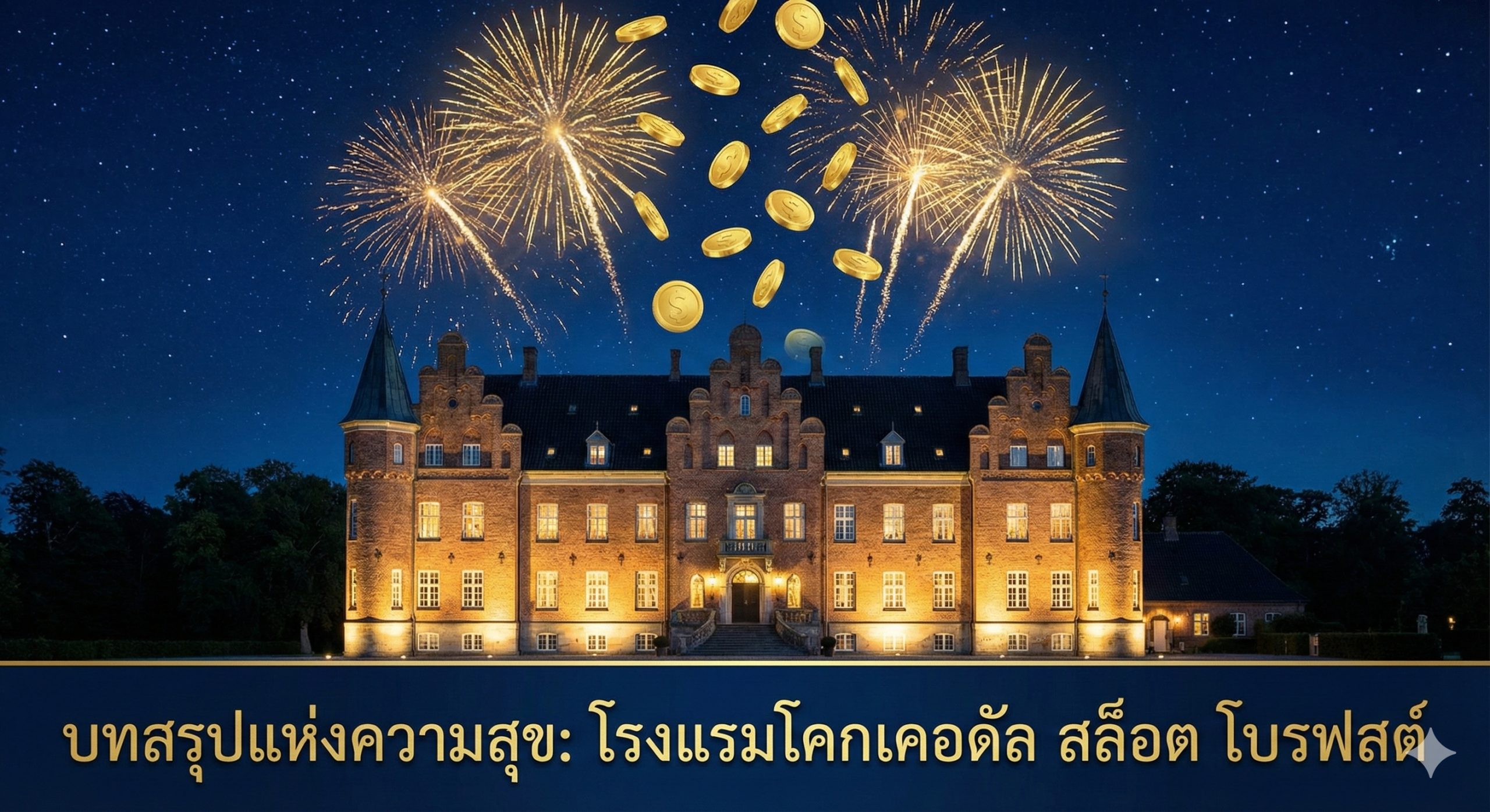 Hình ảnh tổng kết mang tính biểu tượng. Toàn cảnh lâu đài Kokkedal Slot Brovst dưới bầu trời đêm đầy sao Bắc Âu. Phía trên lâu đài là hiệu ứng pháo hoa kỹ thuật số màu vàng kim và các đồng tiền vàng ảo rơi xuống như mưa, tượng trưng cho sự may mắn từ BigWinGold. Màu sắc chủ đạo là xanh đen (bầu trời đêm) và vàng gold (sự thịnh vượng), tạo cảm giác về một kỳ nghỉ 'Hoàng Kim' trọn vẹn cả về vật chất lẫn tinh thần.