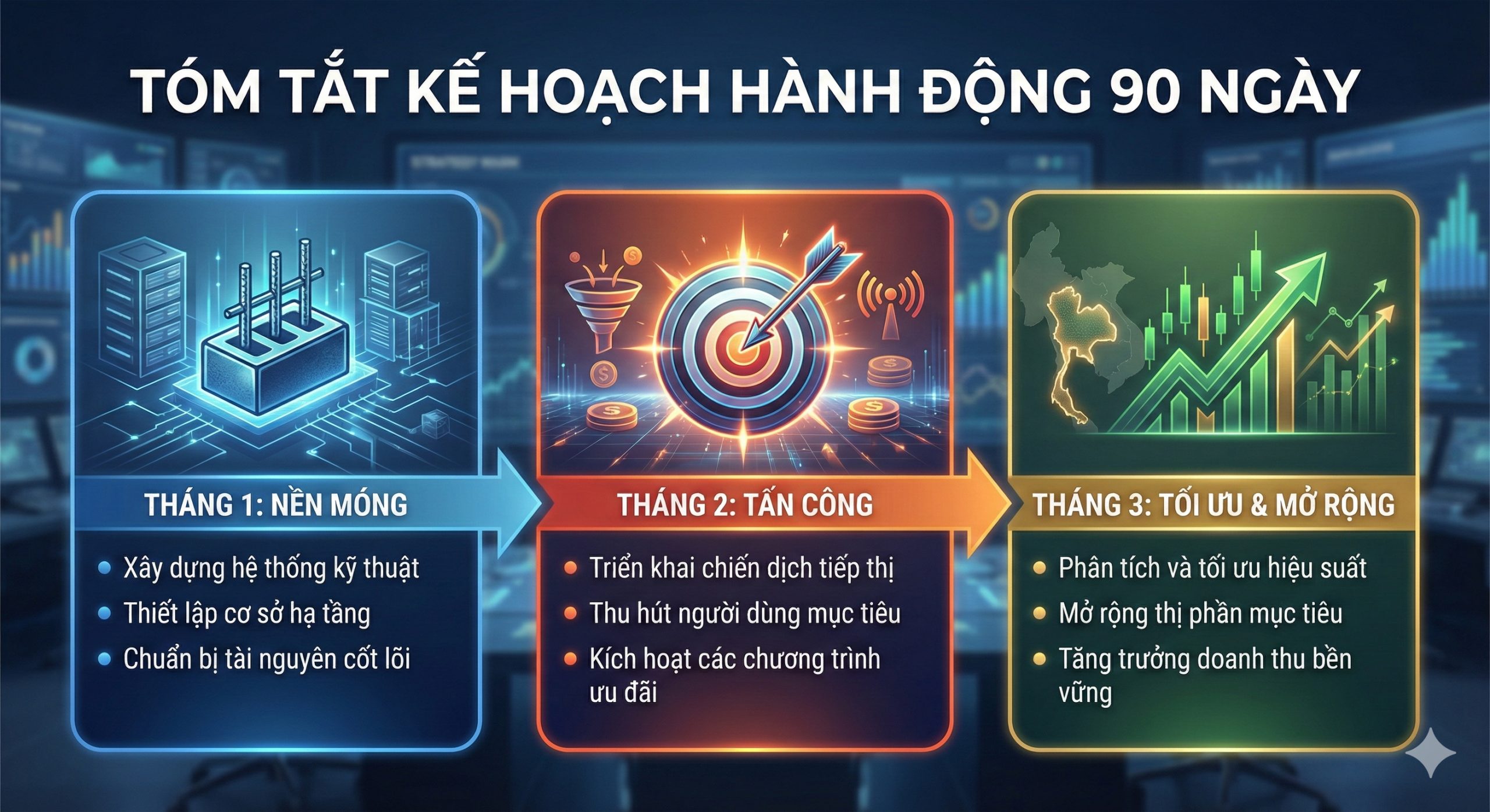 Hình ảnh tổng kết 'Kế Hoạch Hành Động 90 Ngày' dưới dạng biểu đồ tiến trình hoặc Timeline. Chia hình ảnh thành 3 cột hoặc 3 giai đoạn rõ ràng: Tháng 1 (Nền Móng), Tháng 2 (Tấn Công) và Tháng 3 (Tối Ưu & Mở Rộng). Mỗi tháng được đại diện bằng một biểu tượng: Tháng 1 là viên gạch nền móng (Foundation), Tháng 2 là mũi tên tấn công (Targeted Arrow), và Tháng 3 là biểu tượng tăng trưởng/Biểu đồ hình nến (Growth/Candlestick Chart). Sử dụng màu sắc tương phản để phân biệt 3 giai đoạn. Tổng thể tạo cảm giác về một lộ trình chiến lược được lên kế hoạch cẩn thận và có thể đo lường được, hướng tới mục tiêu chiếm lĩnh thị trường Thái Lan.