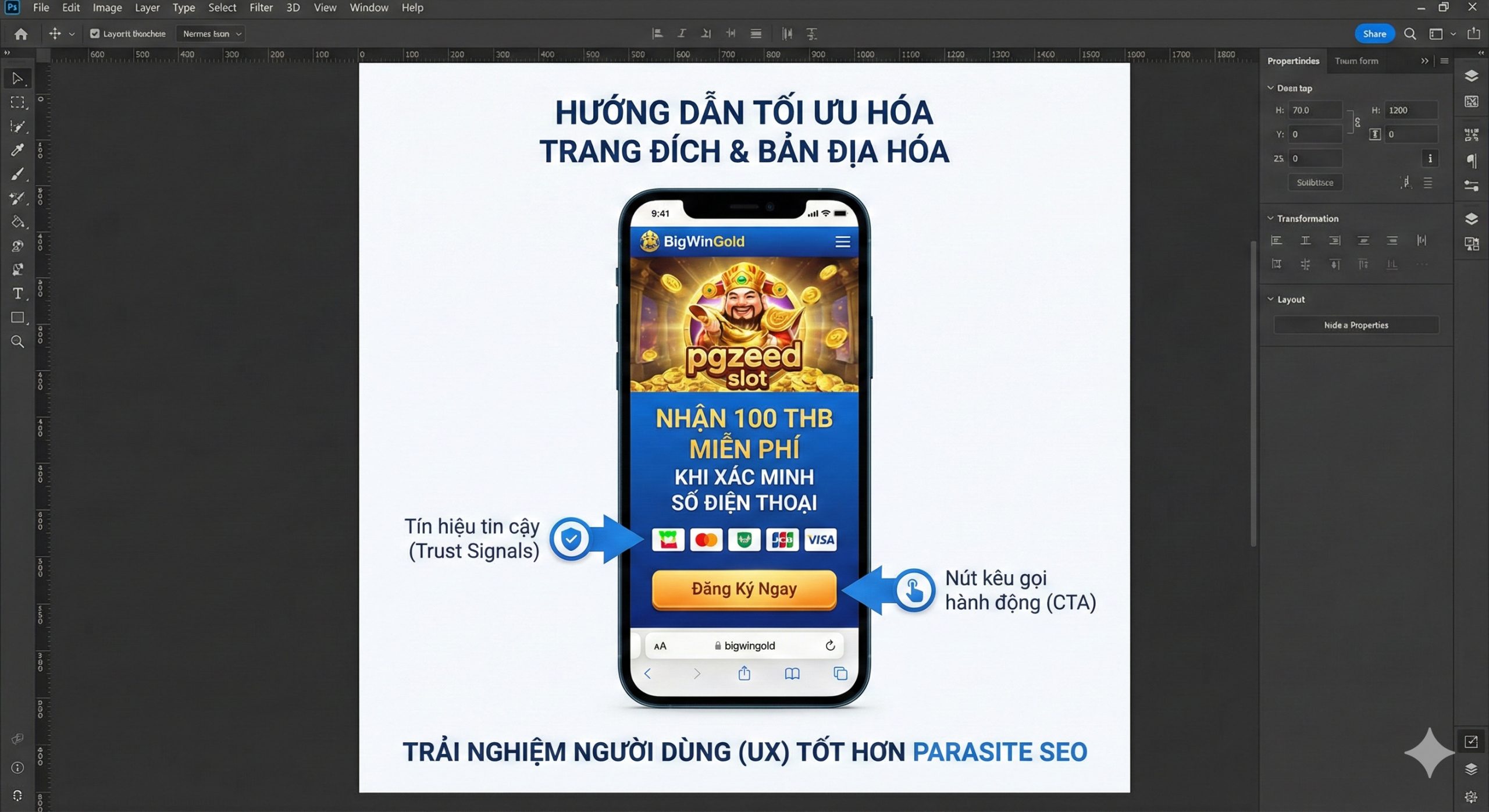 Hình ảnh minh họa quy trình 'Bản Địa Hóa (Localization)' và 'Tối Ưu Landing Page'. Trình bày một giao diện điện thoại di động (Mobile-First Design) hiển thị Landing Page của BigWinGold phiên bản Thái Lan. Trong màn hình điện thoại, nổi bật các yếu tố bản địa hóa: khu vực 'Hero Section' với dòng chữ tiếng Thái 'รับเครดิตฟรี 100 THB ยืนยันเบอร์' (Nhận Free Credit 100 THB Xác minh số) và logo của các ngân hàng Thái Lan/TrueMoney Wallet. Sử dụng mũi tên trỏ đến 'Trust Signals' và nút 'Đăng ký' màu nổi bật. Phong cách sạch sẽ, hiện đại, nhấn mạnh vào trải nghiệm người dùng (UX) vượt trội so với các trang Parasite SEO.