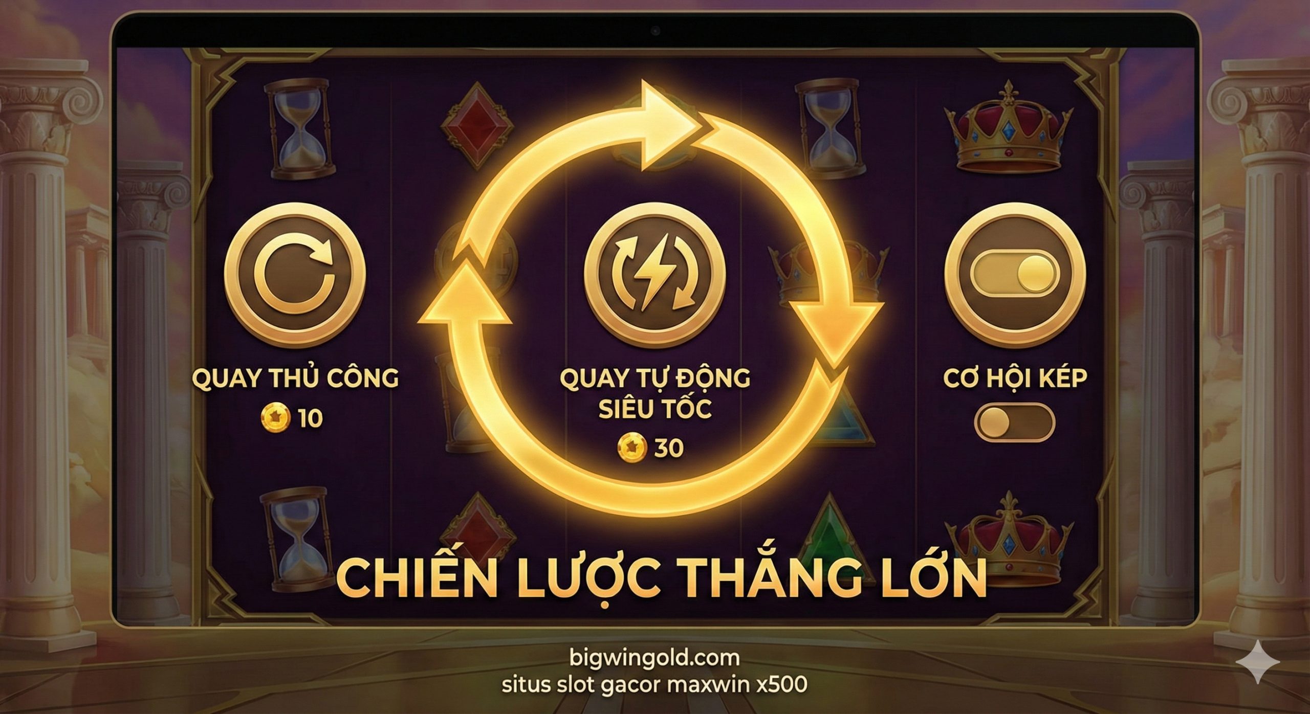 一张直观的教程图解，可视化‘Pola Gacor 10-30-10’赢钱公式。画面采用扁平化与3D结合的设计，左侧显示‘手动旋转’图标，中间是‘极速自动旋转’图标，右侧是‘双倍机会’开关。使用发光的金色箭头将这些步骤连接起来，形成一个循环流程图。背景融入Gates of Olympus的游戏元素，如沙漏和皇冠，帮助玩家快速理解如何操作以触发免费游戏。